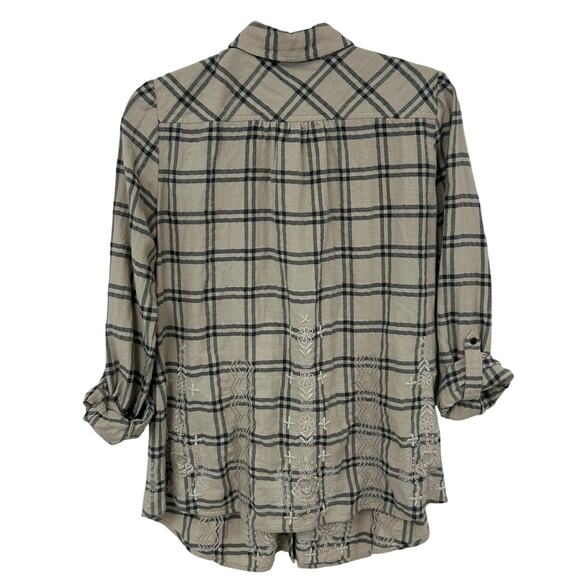 Johnny Was Workshop Tan Black Plaid Babydoll Button Up Shirt Womens Small - Picture 5 of 5